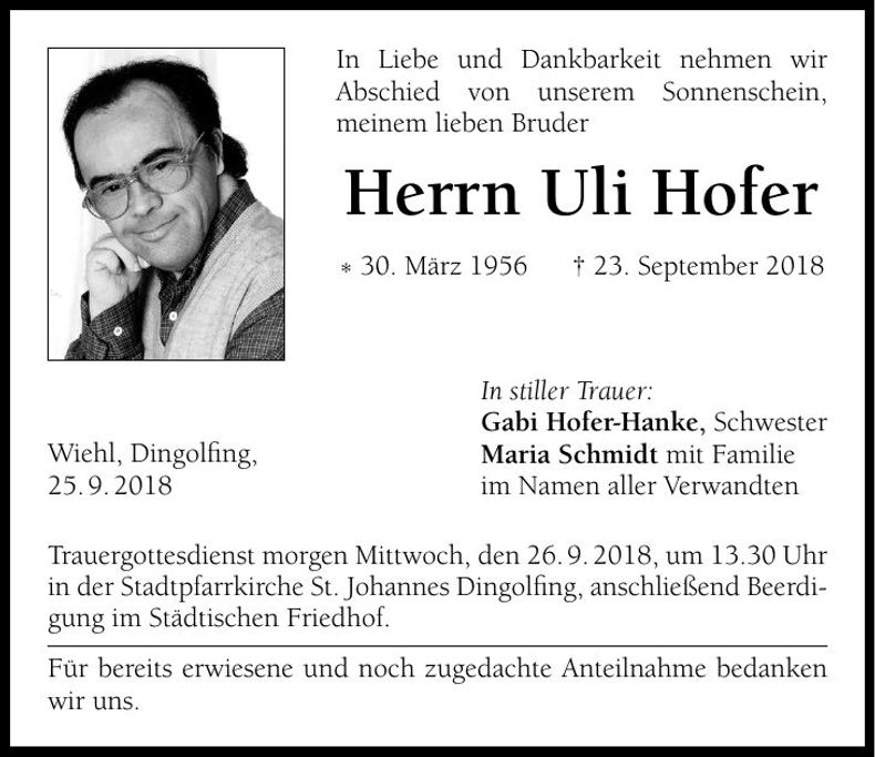 Traueranzeige Uli Hofer