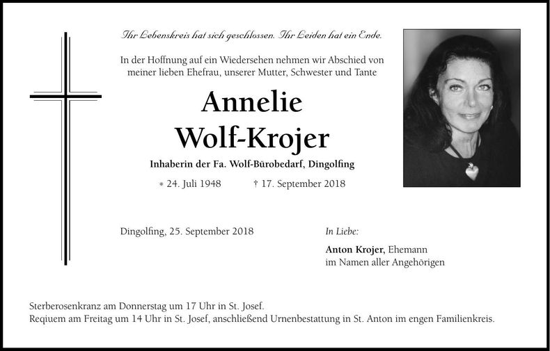 Traueranzeige Annelie Wolf-Krojer