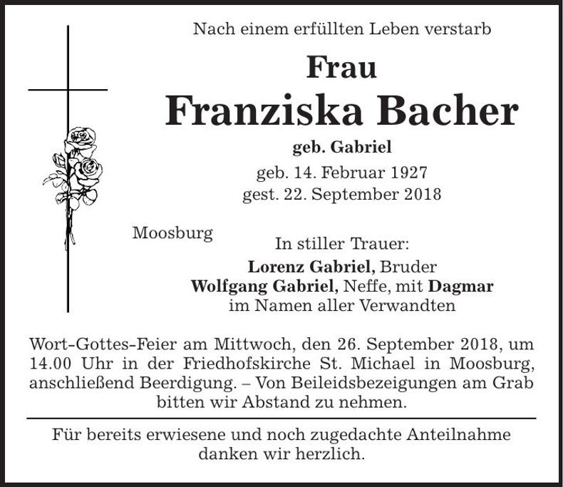 Traueranzeige Franziska Bacher