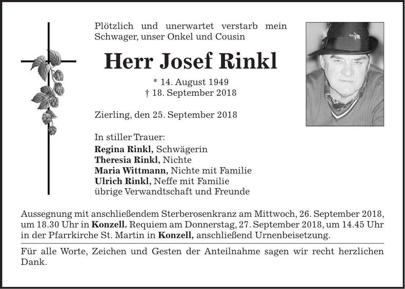 Traueranzeige Josef Rinkl