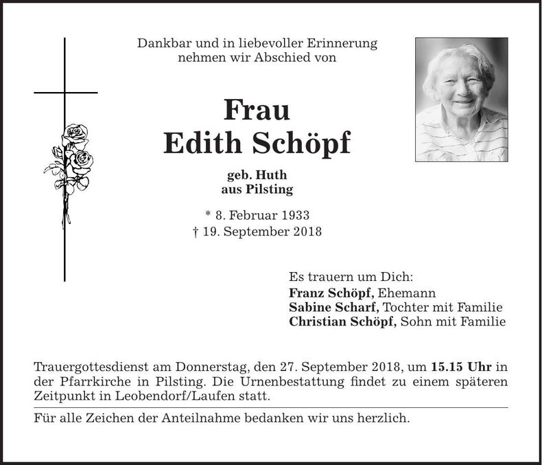 Traueranzeige Edith Schöpf