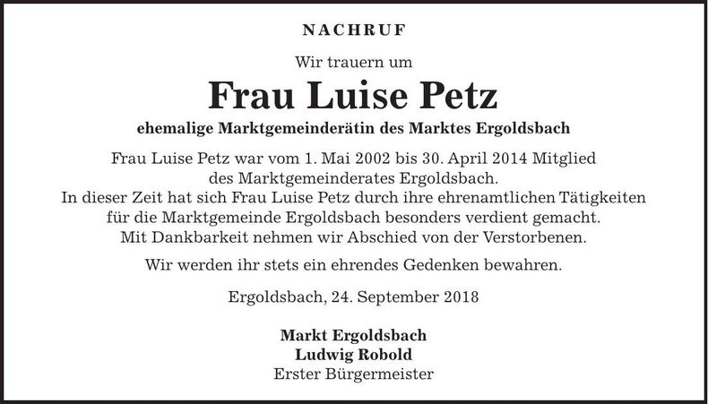 Traueranzeige Luise Petz