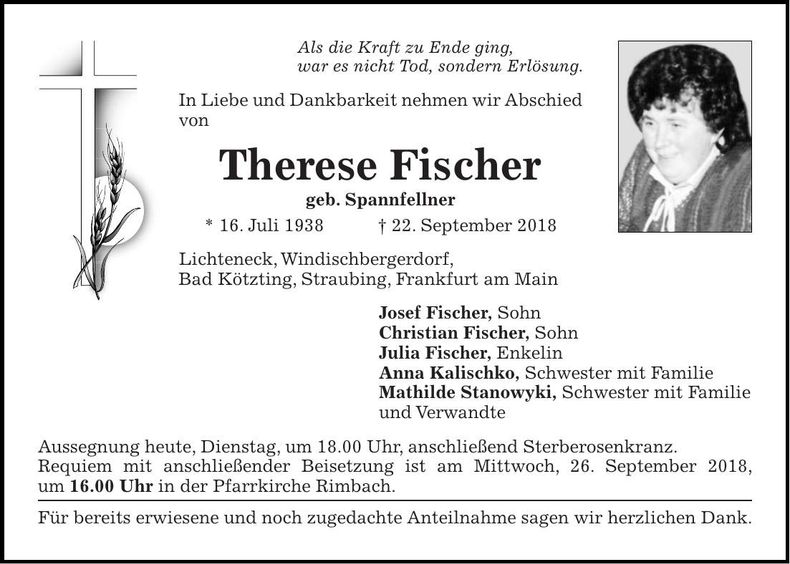 Traueranzeige Therese Fischer