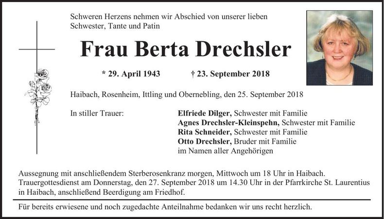 Traueranzeige Berta Drechsler