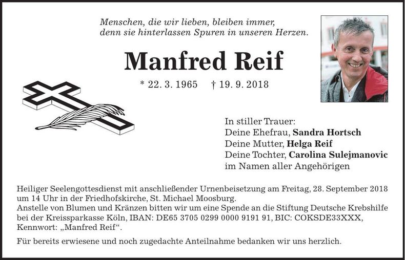 Traueranzeige Manfred Reif