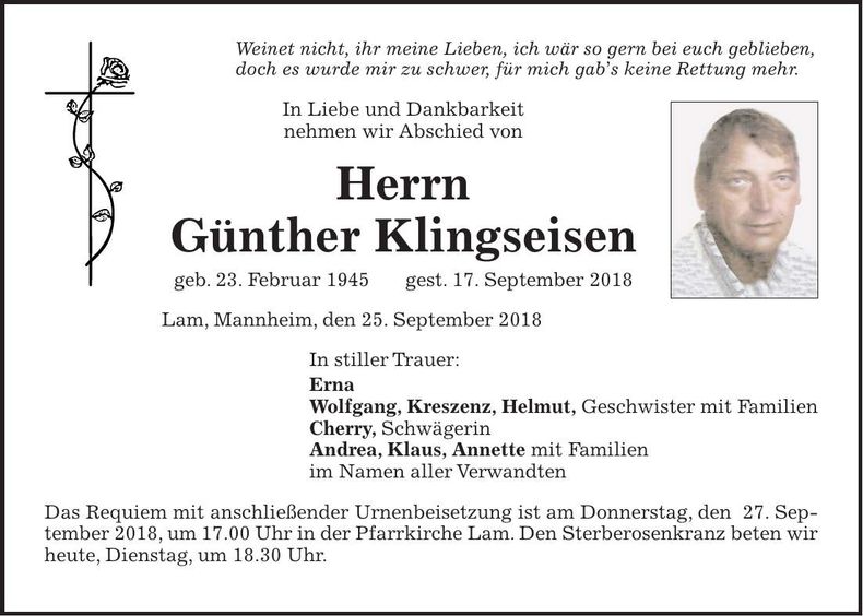 Traueranzeige Günther Klingseisen