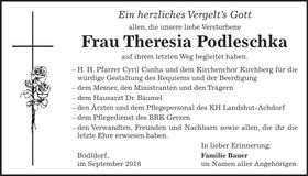 Traueranzeige Theresia Podleschka