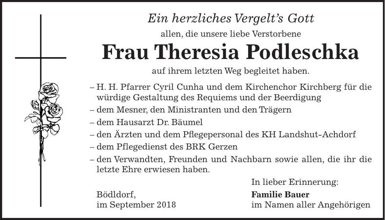Traueranzeige Theresia Podleschka