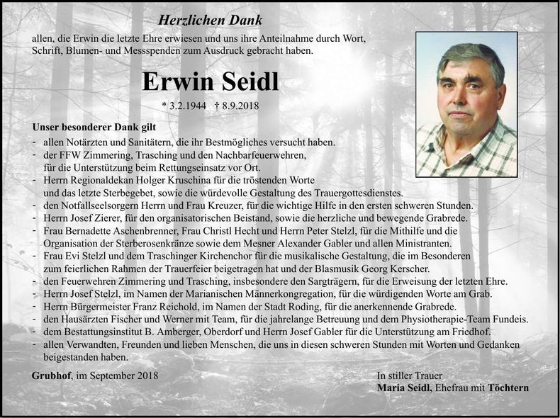 Traueranzeige Erwin Seidl