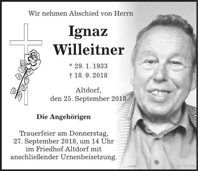 Traueranzeige Ignaz Willeitner
