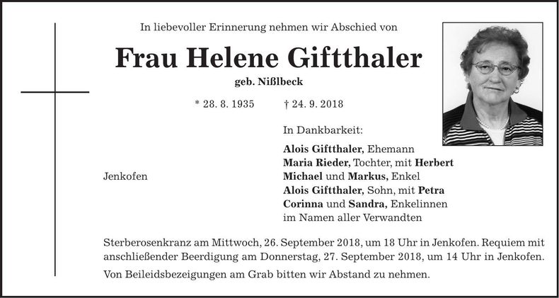 Traueranzeige Helene Giftthaler