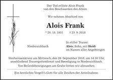 Traueranzeige Alois Frank