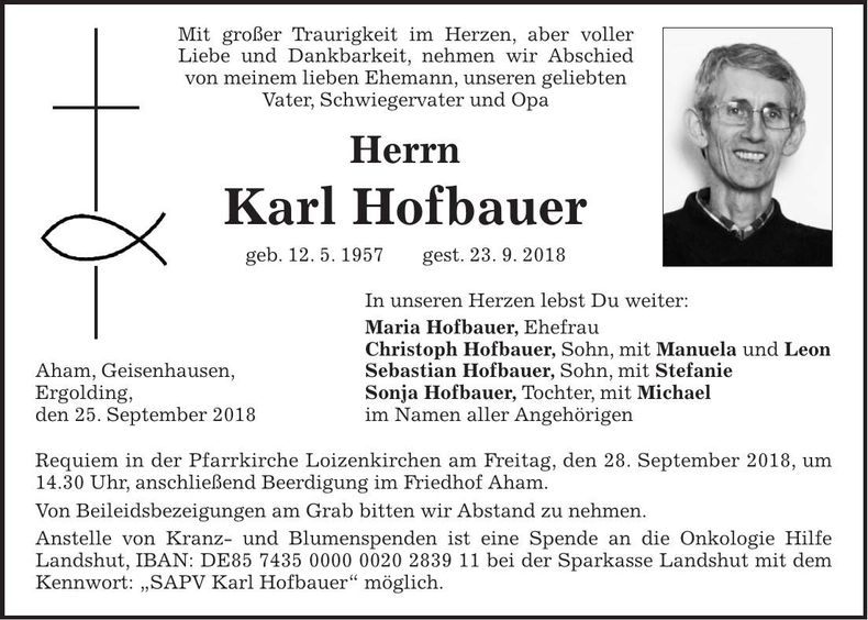 Traueranzeige Karl Hofbauer