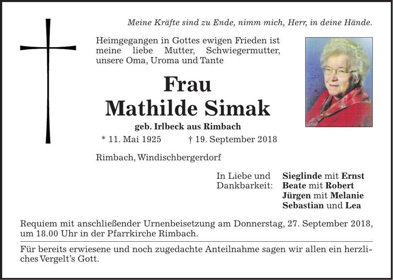 Traueranzeige Mathilde Simak