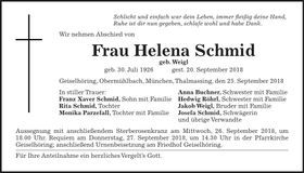 Traueranzeige Helena Schmid