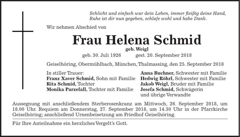 Traueranzeige Helena Schmid