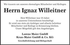 Traueranzeige Ignaz Willeitner
