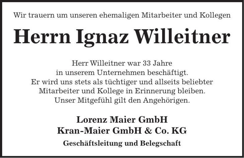 Traueranzeige Ignaz Willeitner