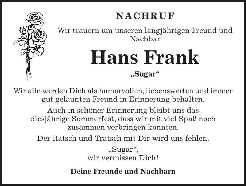 Traueranzeige Hans Frank