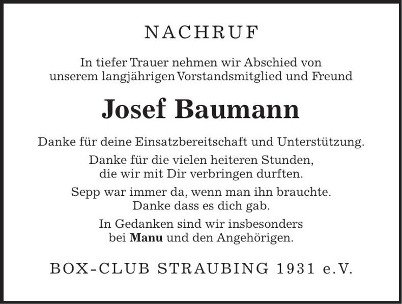 Traueranzeige Josef Baumann