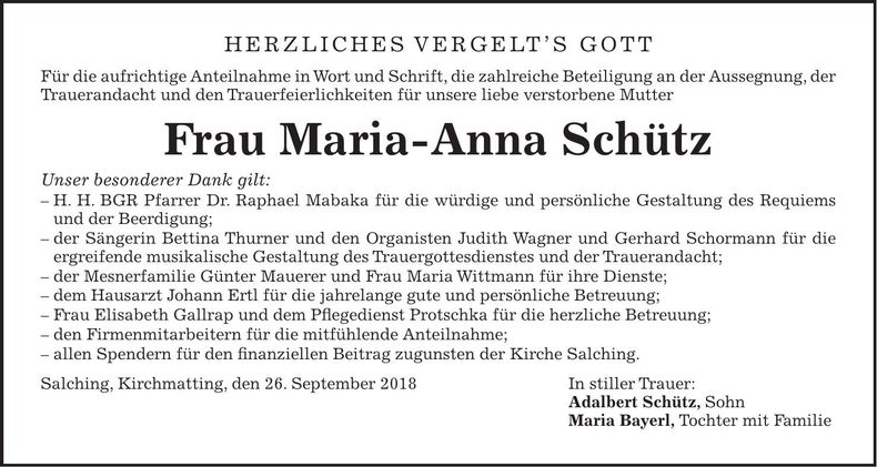 Traueranzeige Maria-Anna Schütz