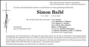 Traueranzeige Simon Baibl