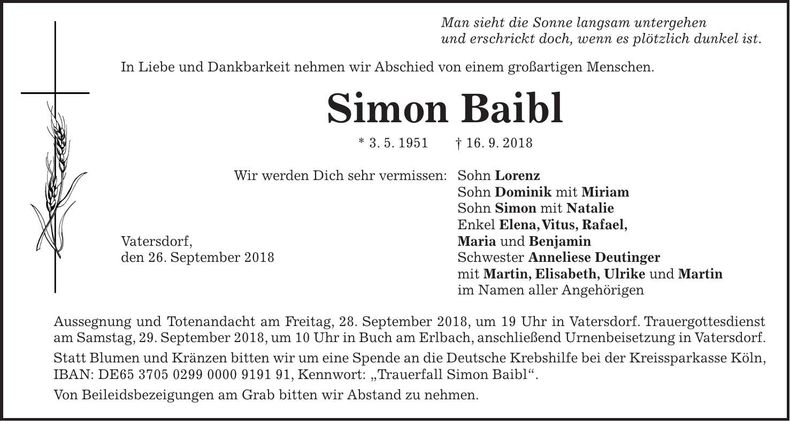 Traueranzeige Simon Baibl