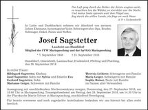 Traueranzeige Josef Sagstetter