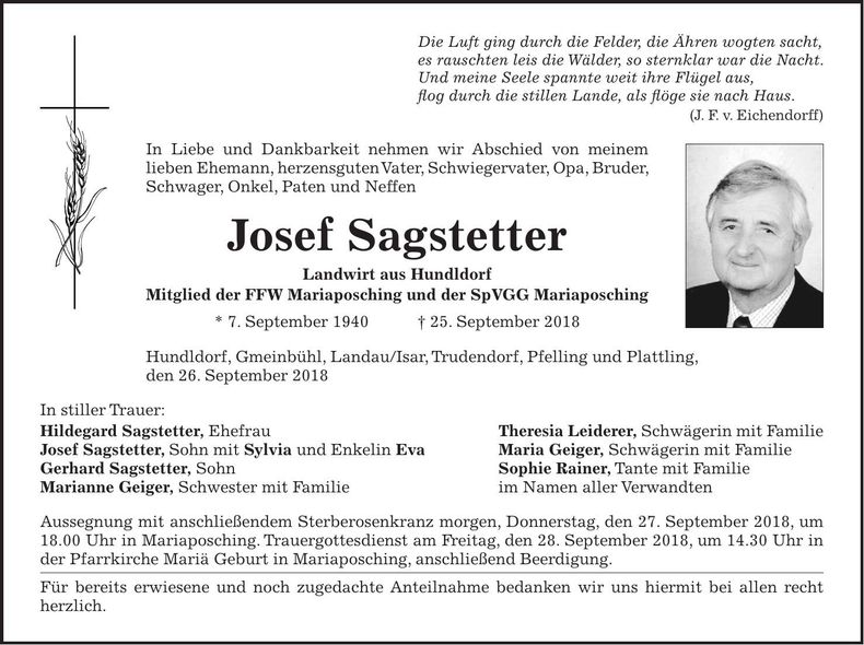 Traueranzeige Josef Sagstetter