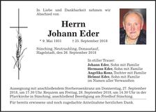 Traueranzeige Johann Eder