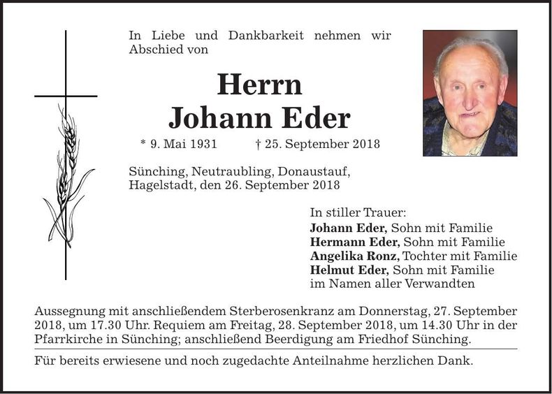 Traueranzeige Johann Eder