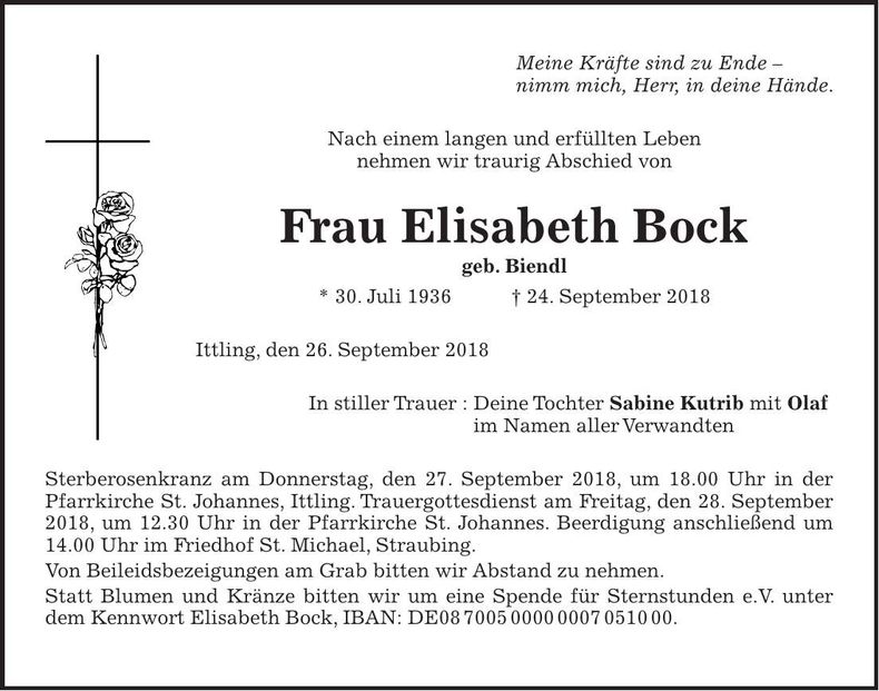 Traueranzeige Elisabeth Bock