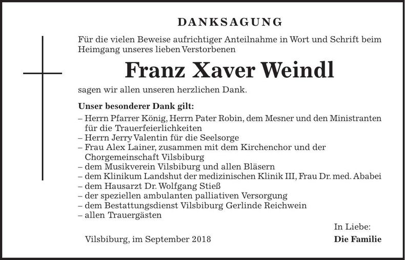 Traueranzeige Franz Xaver Weindl