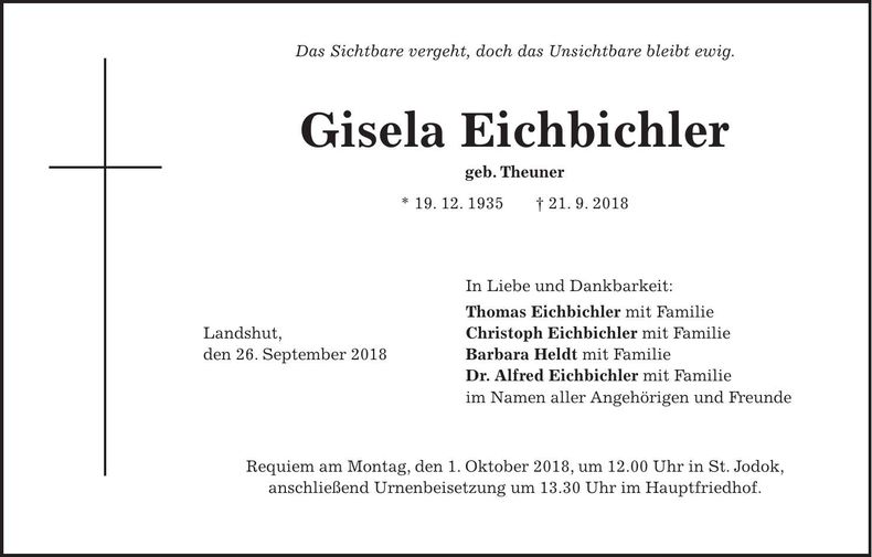 Traueranzeige Gisela Eichbichler