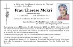 Traueranzeige Therese Mokri