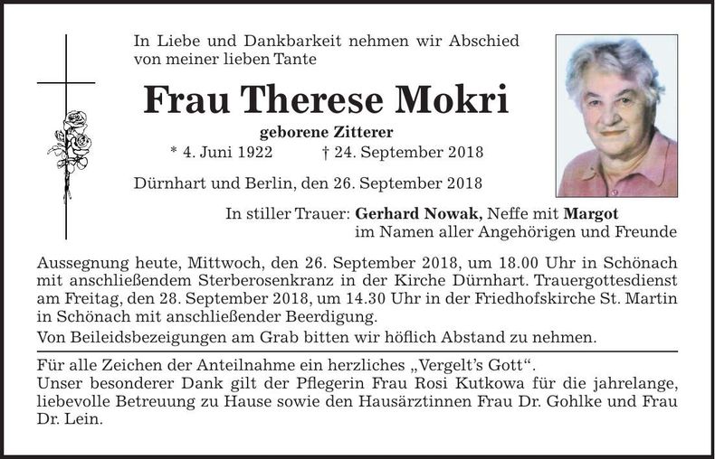 Traueranzeige Therese Mokri