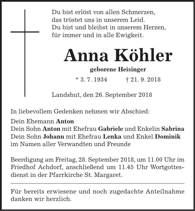 Traueranzeige Anna Köhler
