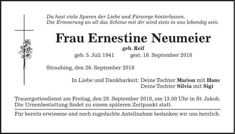 Traueranzeige Ernestine Neumeier