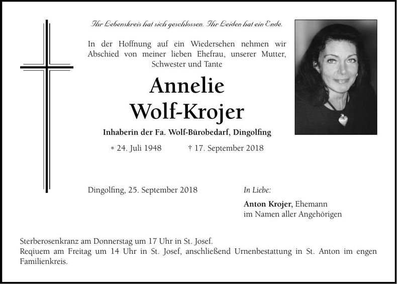 Traueranzeige Annelie Wolf-Krojer