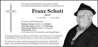 Traueranzeige Franz Schott