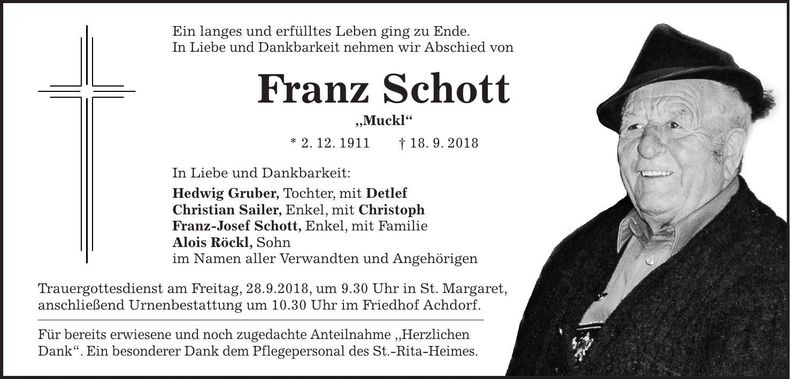 Traueranzeige Franz Schott