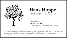 Traueranzeige Hans Hoppe