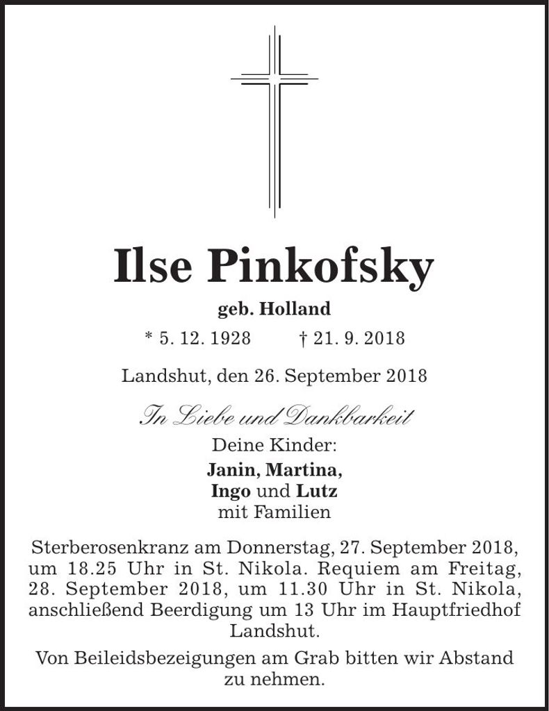 Traueranzeige Ilse Pinkofsky