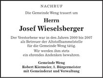 Traueranzeige Josef Wieselsberger