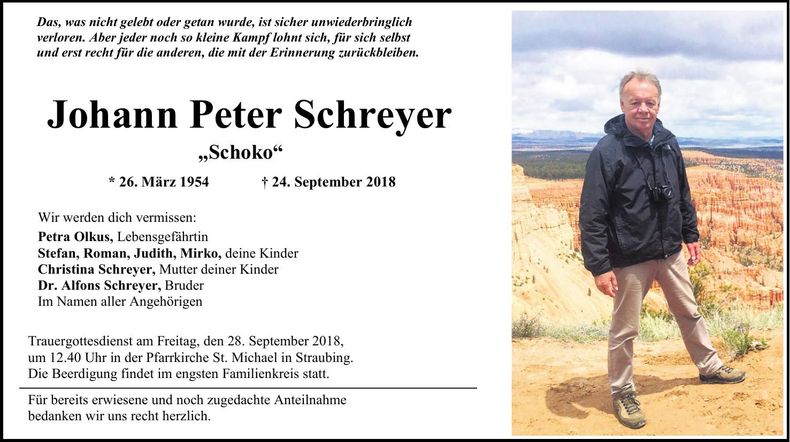 Traueranzeige Johann Peter Schreyer