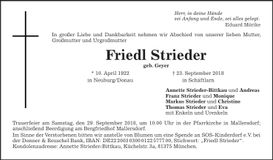 Traueranzeige Friedl Strieder