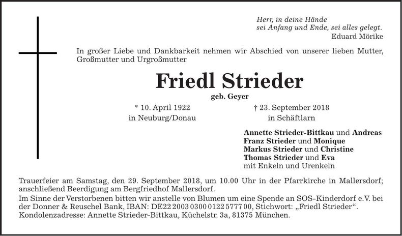 Traueranzeige Friedl Strieder