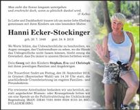 Traueranzeige Hanni Ecker-Stockinger