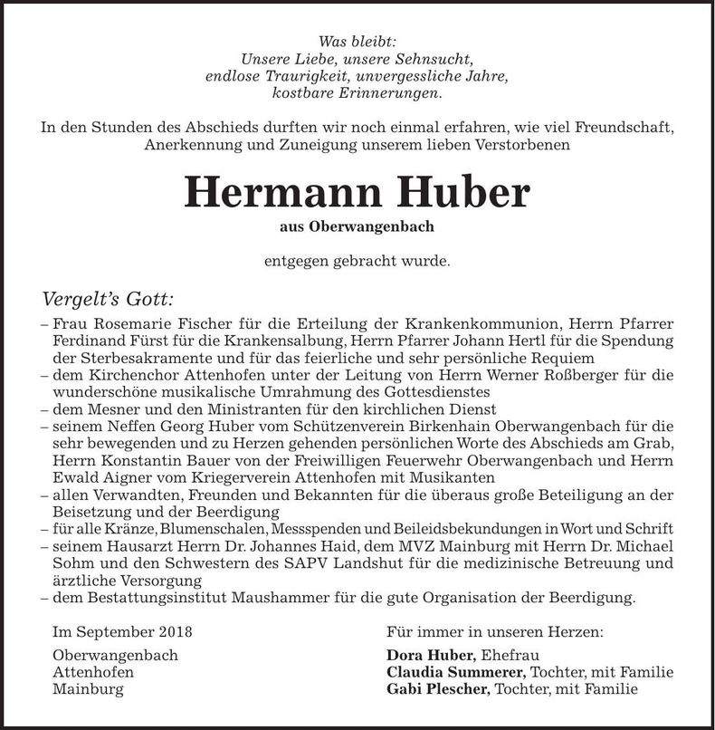 Traueranzeige Hermann Huber