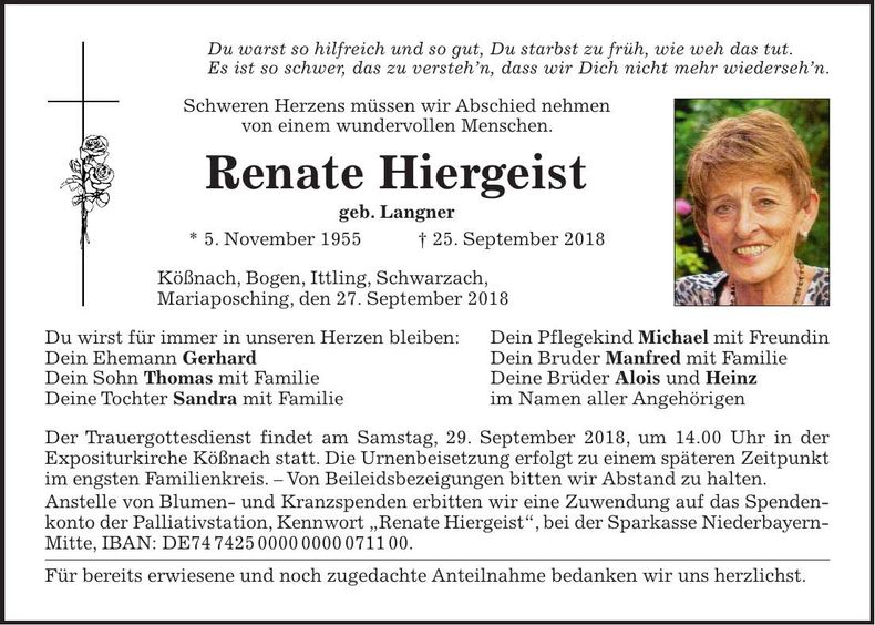 Traueranzeige Renate Hiergeist